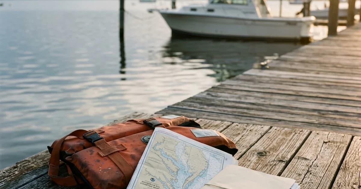 Life jacket, a Chesapeake Bay nautical chart, and a legal folder on a weathered Virginia Beach dock