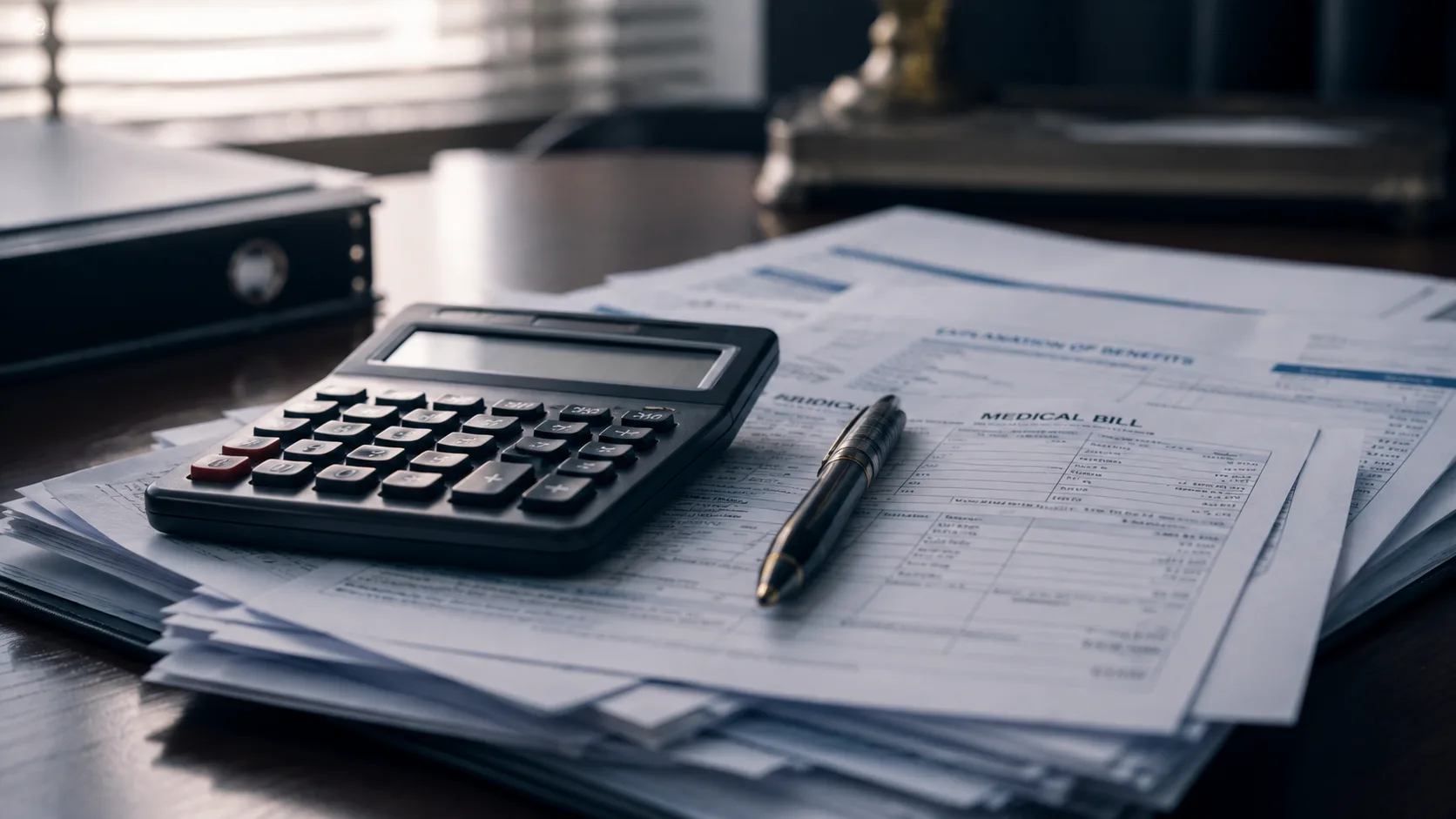 Calculator, pen, and medical bills on a desk, representing how a Virginia car accident case's value is calculated