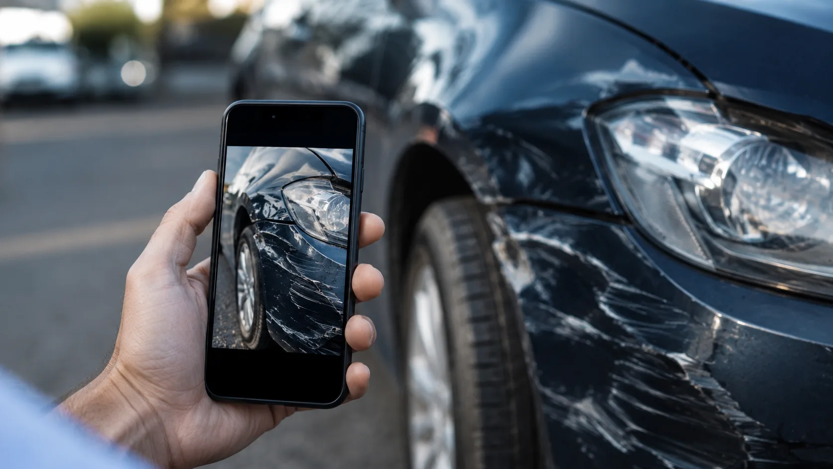A hand photographing damaged car bumper and fender with a smartphone after a Virginia car accident