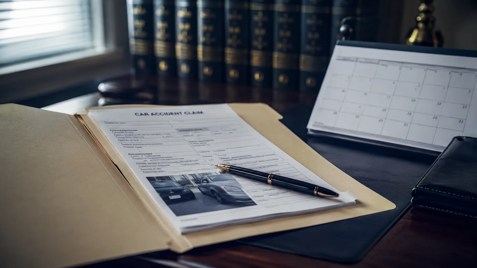 Car accident insurance claim file and settlement paperwork on a Virginia Beach attorney's desk