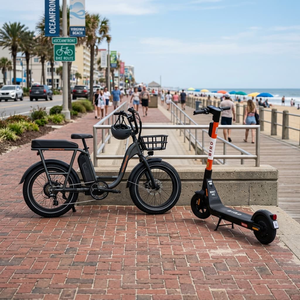 Modern e-bike and rental electric scooter parked on a Virginia Beach sidewalk near the Oceanfront