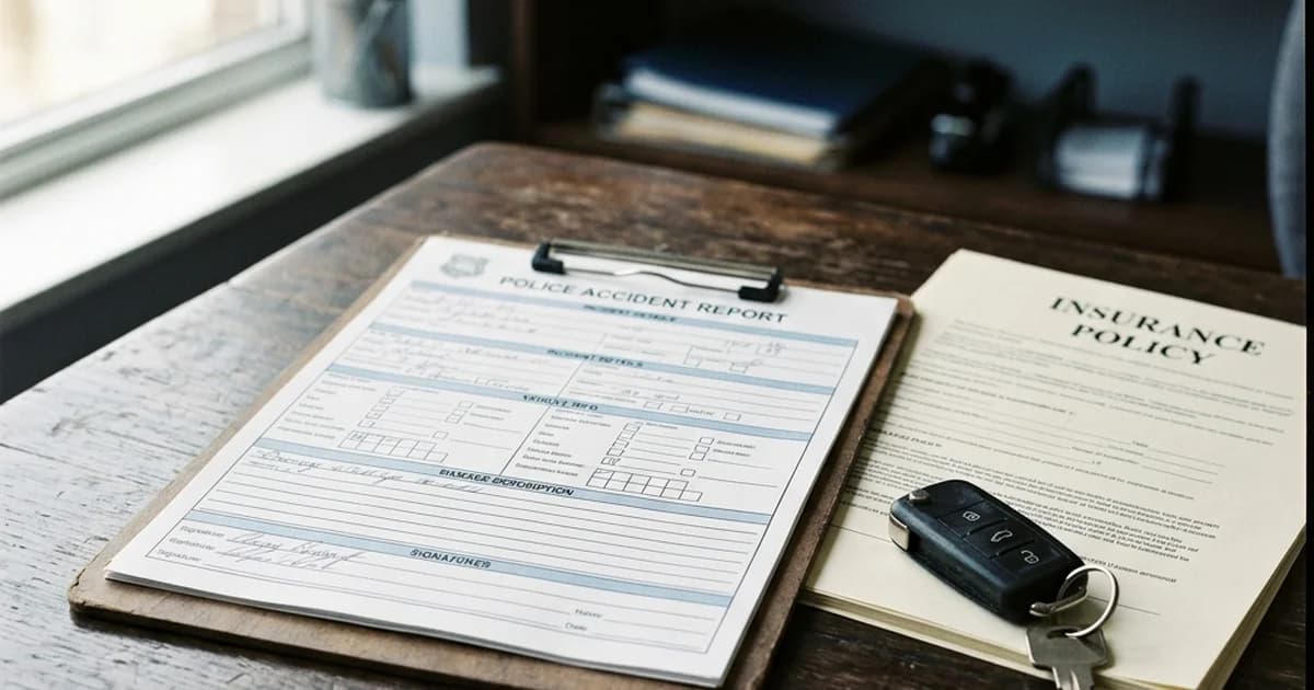 A police accident report and insurance paperwork on a desk representing a Virginia hit-and-run claim