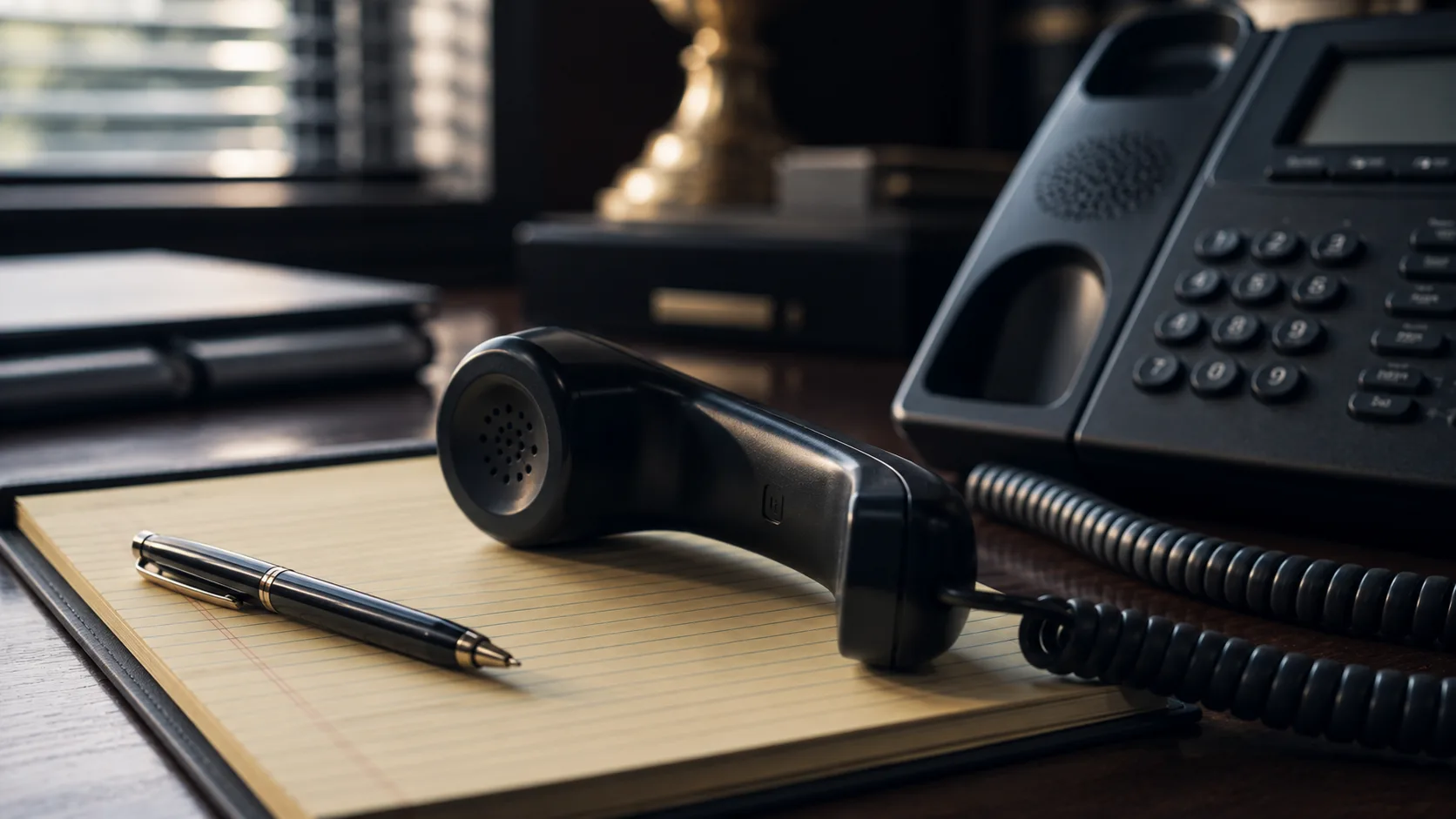 Office phone handset resting on a notepad, representing a call with an insurance adjuster after a Virginia crash
