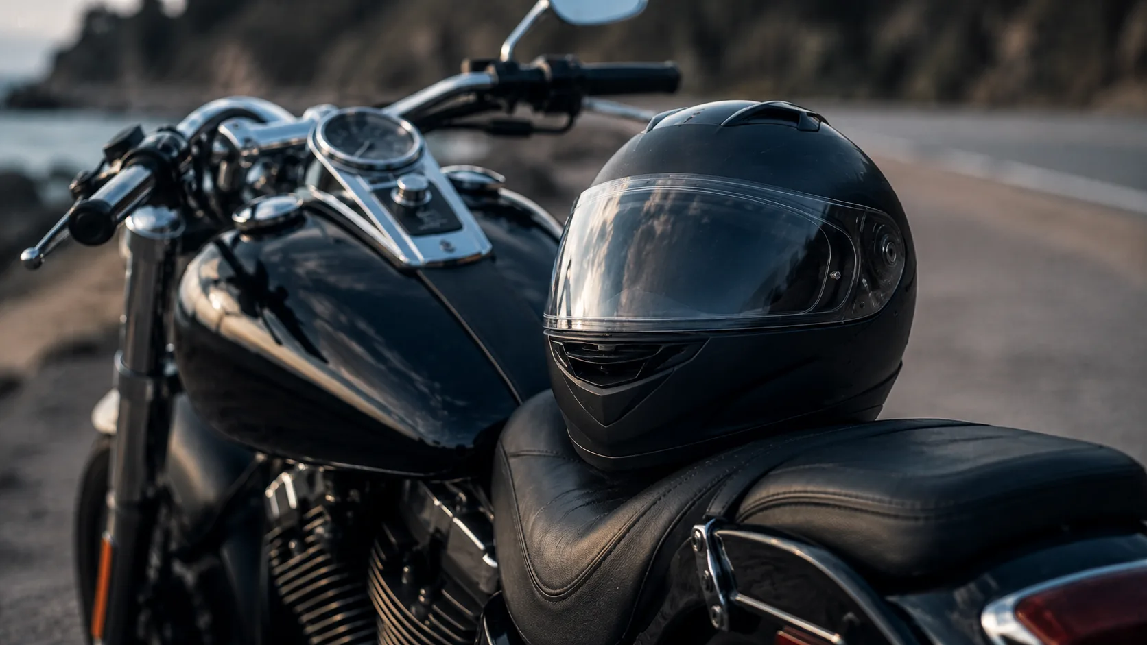 A motorcycle helmet resting on a parked motorcycle's seat along a Hampton Roads coastal road