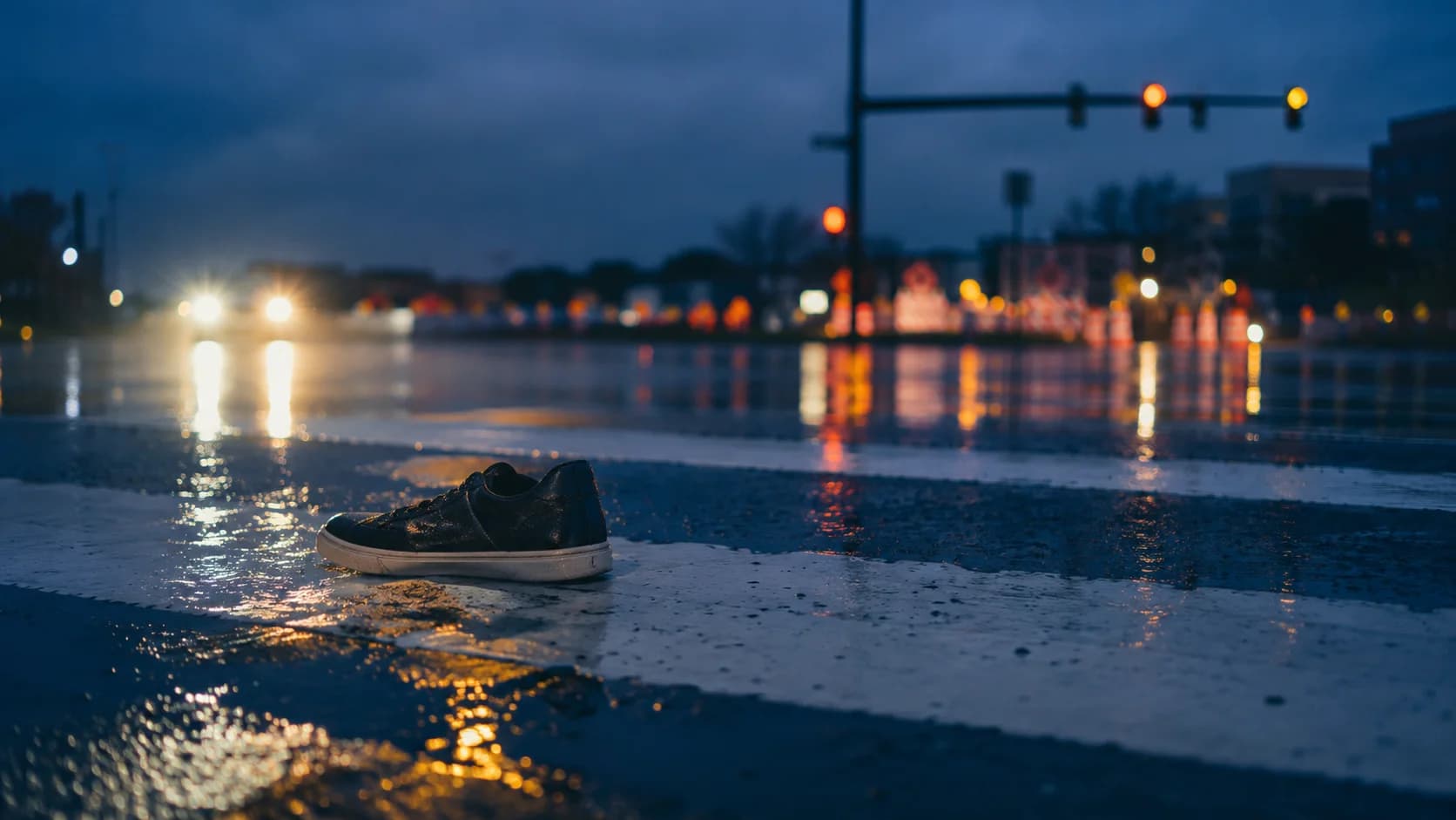A single shoe left on a rain-slicked Virginia Beach crosswalk at dusk