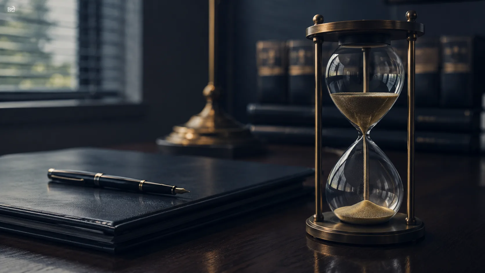 Hourglass with sand flowing next to a closed legal folder, representing Virginia's personal injury filing deadline