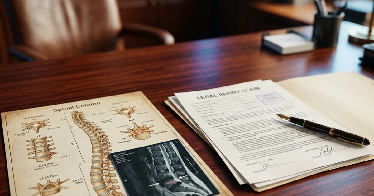 A medical spine chart and injury claim paperwork on an attorney's desk representing pre-existing condition aggravation