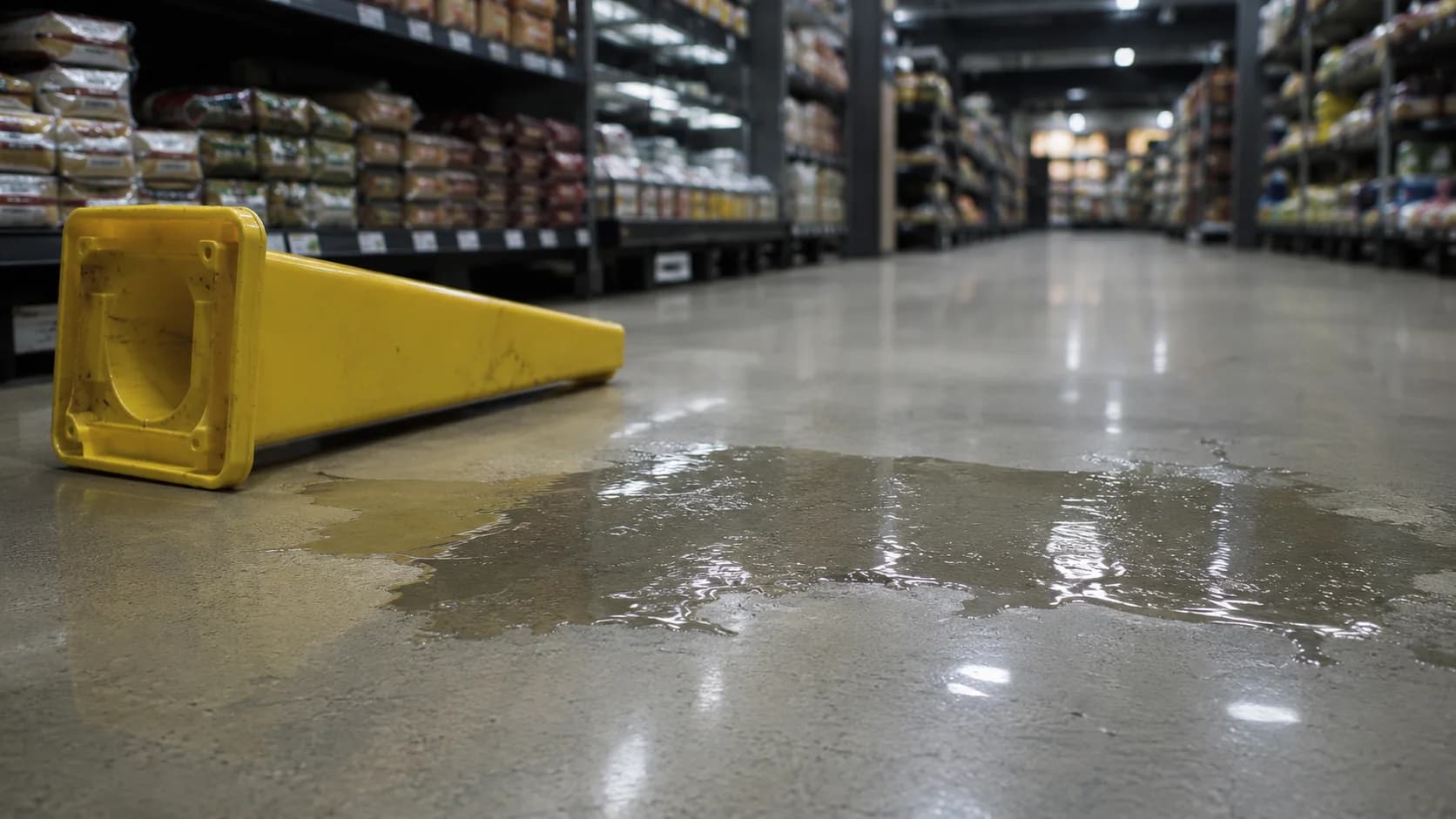 A wet floor caution cone next to a spill on a store aisle floor