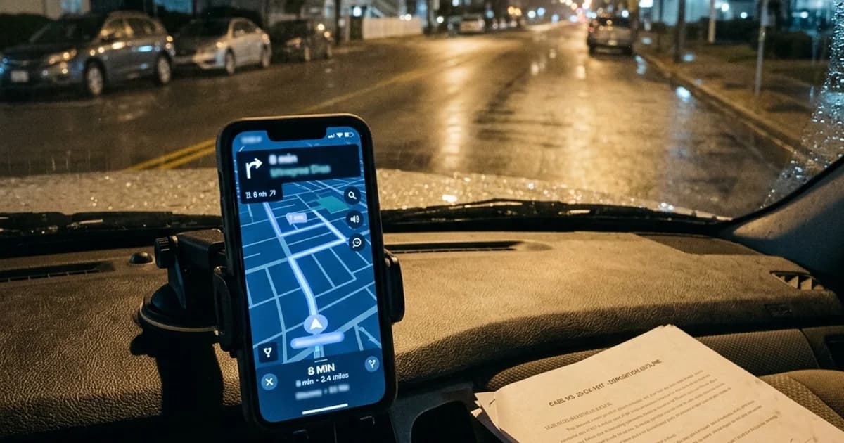A rideshare app navigation screen mounted in a vehicle next to legal claim paperwork