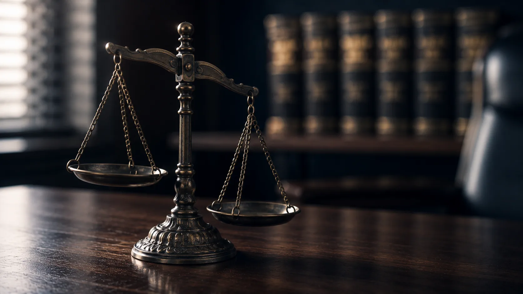A bronze scales of justice tipped to one side on a desk, representing Virginia's pure contributory negligence rule