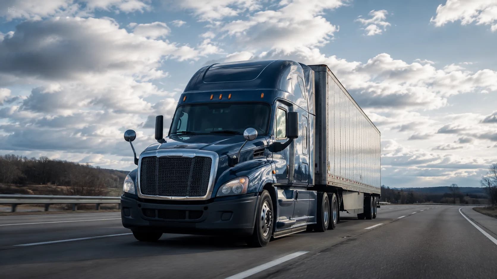 A commercial semi-truck driving on a Virginia highway, representing liability questions in truck accident cases