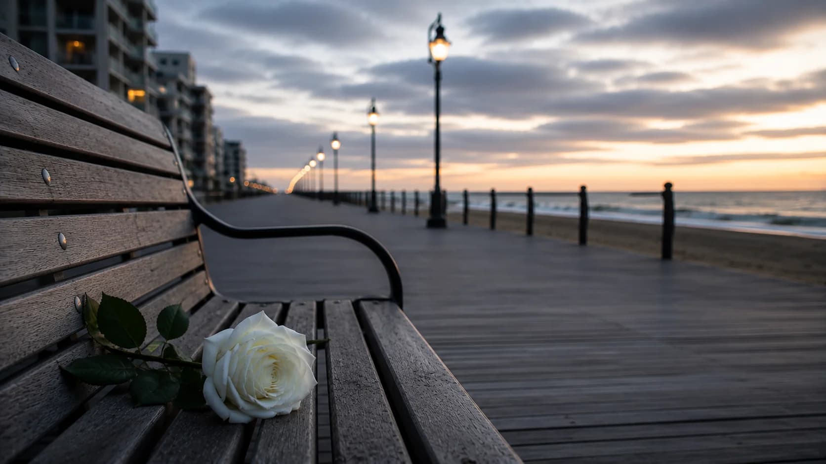 A white rose resting on a bench overlooking the Virginia Beach oceanfront at dawn