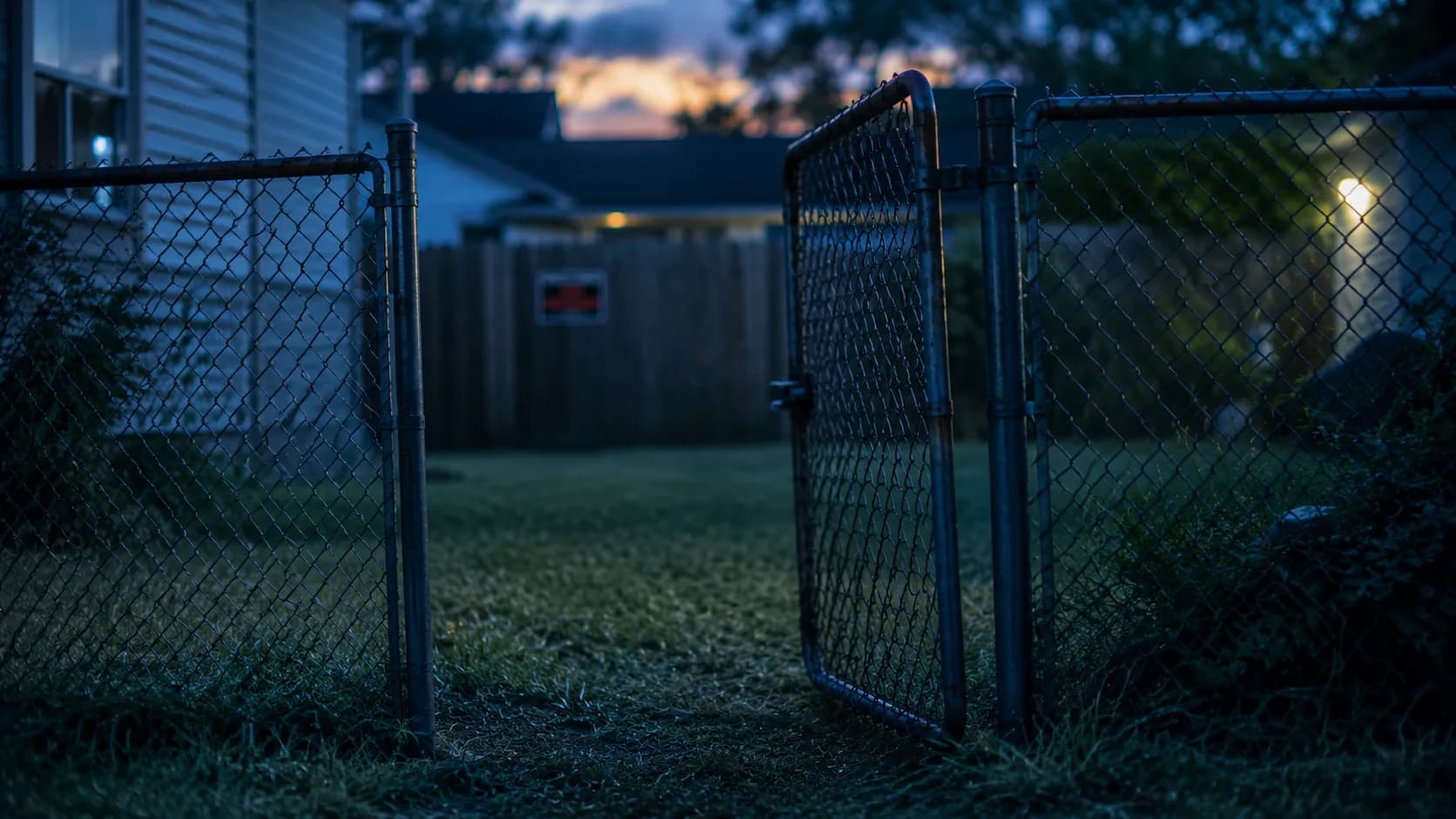 A chain-link fence gate left ajar in a quiet Virginia Beach backyard