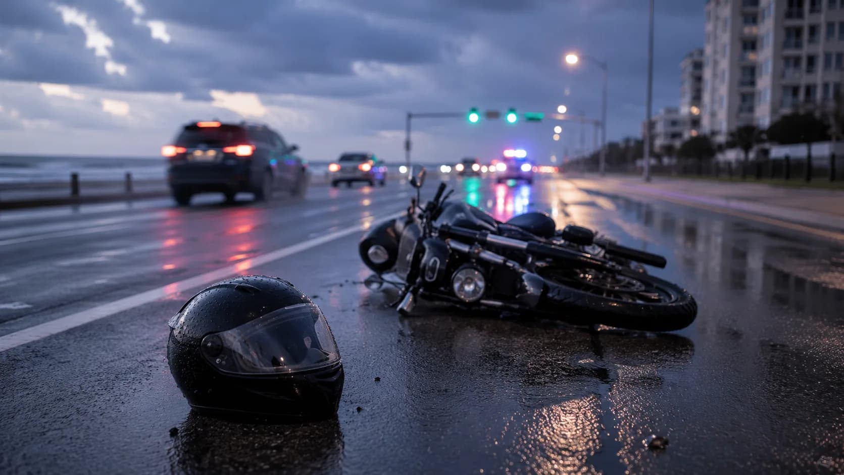 Motorcycle on its side on a wet Virginia Beach highway at dusk
